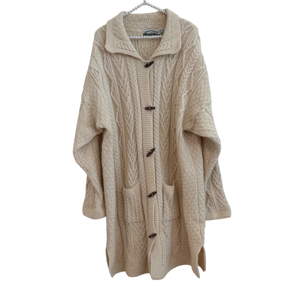 VTG Aran Crafts Ireland Merino Wool Cable Knit Toggle Cardigan Sweater Cream XXL